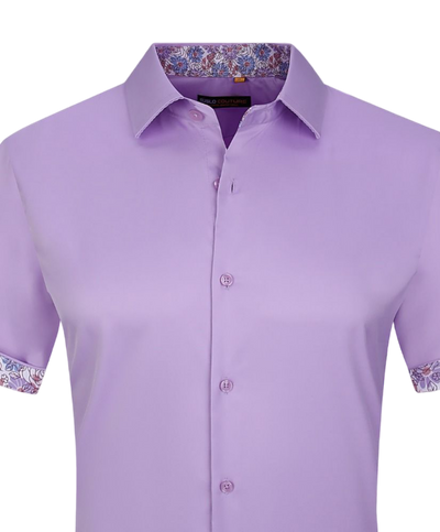 Men's purple lilac short sleeve casual shirts stretch material fancy design on the sleeves