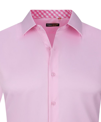 Pink men's short sleeve shirts stretch material fancy cuff on the sleeves