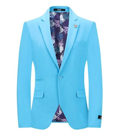 Men's turquoise slim fit satin cotton stretch fabric suit one button notch lapel flat front pants