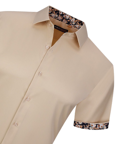 Men's khaki shirt short sleeves tan shirts paisley cuff on the sleeves