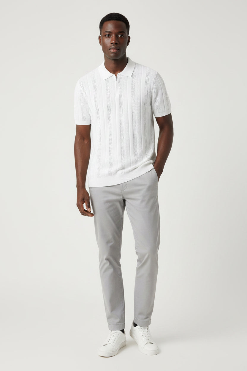 Men's White Kint Polo zip collar - Textured Slim Fit – DESIGN MENSWEAR