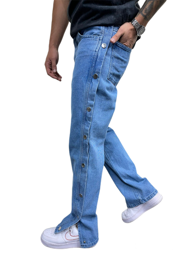 Fancy style men's blue jeans side buttons loose fit - Design Menswear