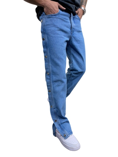 Fancy style men's blue jeans side buttons loose fit - Design Menswear