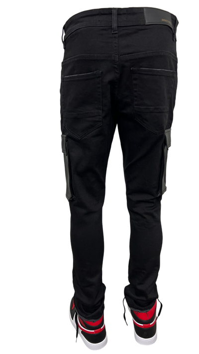 Men's Black Stretch Jeans Cargo Leather Pockets Slim-Fit - Design Menswear