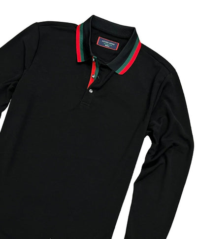 Men's Black long sleeve polo Green and Red Collar - Design Menswear