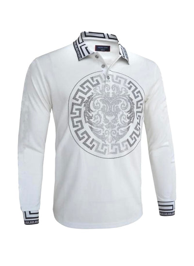 Men's white long sleeve polo silver stones print design on Collar - Design Menswear