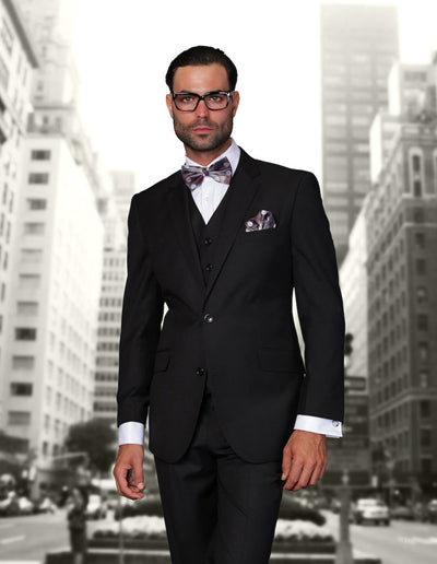 Statement Black Men’s Tailored-Fit 3Pc Suit Vested 100% Wool - Design Menswear