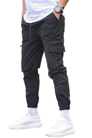 Mens Black Cargo Pants Elastic Bottom 2 Pockets With Zipper Slim Fit - Design Menswear