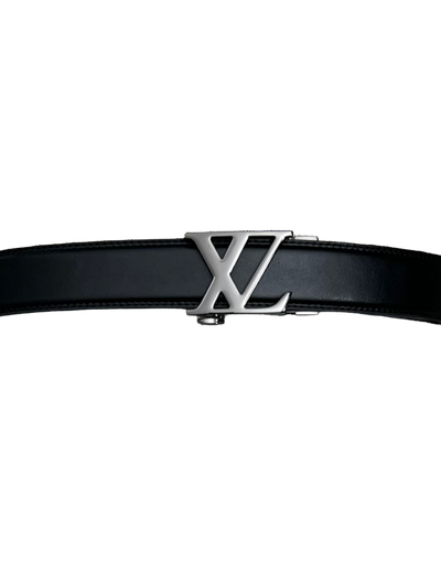 Black Men's Belt Leathers Slide Ratchet Genuine Leather LV Silver Buckle - Design Menswear