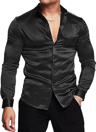 Black Men's Shiny Satin Silk Dress Shirt Long Sleeve Casual Slim Fit - Design Menswear