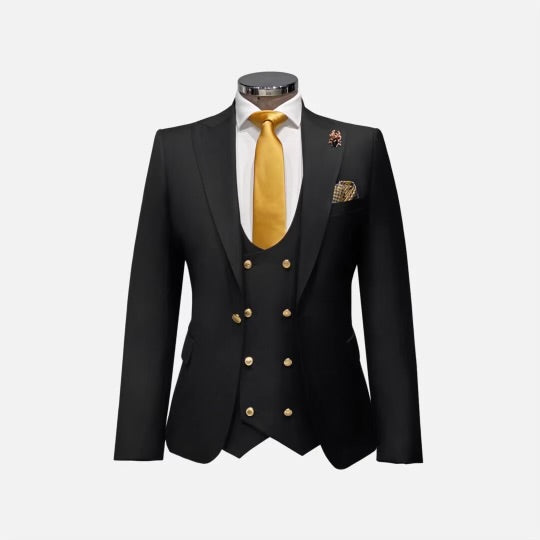 Black Rossiman Men's Slimfit Double Breasted Suit Gold Buttons