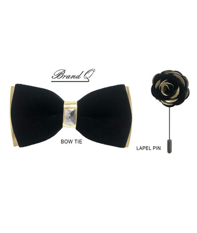 Black Velvet and Gold Leather Men's Bowties Hanky and Flowers - Design Menswear