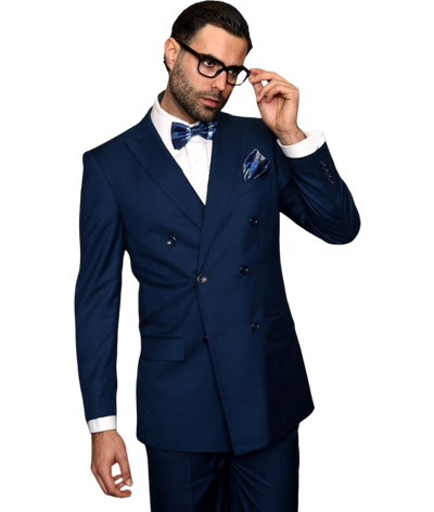 Men's blue statement suit double breasted classic fit pleated pants - Design Menswear