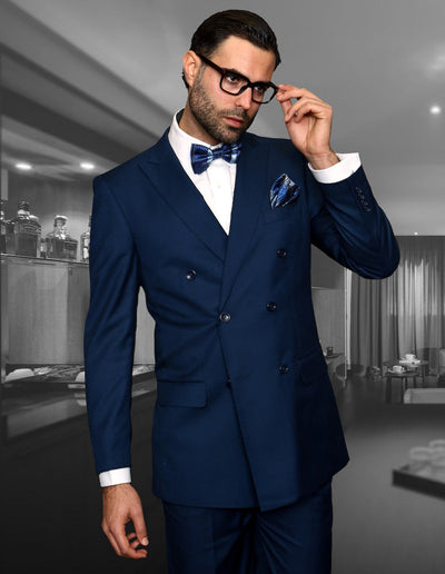 Men's blue statement suit double breasted classic fit pleated pants - Design Menswear