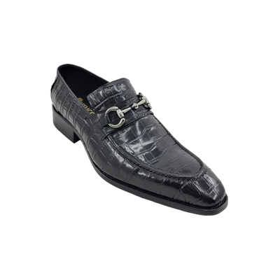 Carrucci Black Embossed Leather Men's Dress Shoes Silver Buckle - Design Menswear