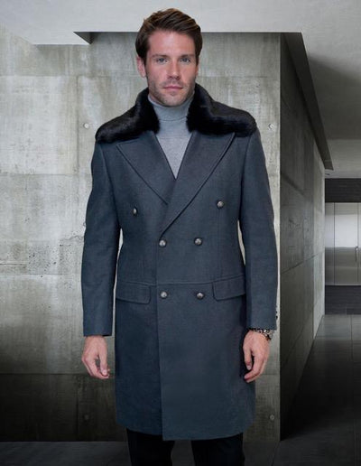 Statement Charcoal Men's Double Breasted Coat Peak Lapel Faux Fur - Design Menswear