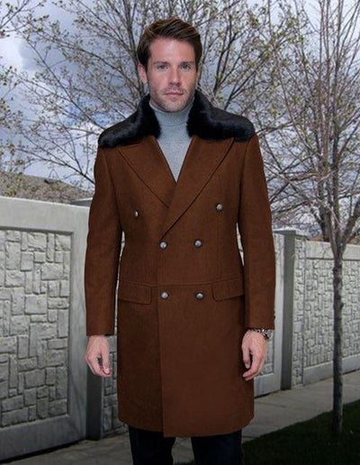 Statement Cognac Men's Double Breasted Coat Faux Fur Regular-Fit - Design Menswear