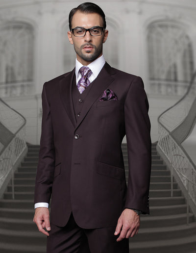 Statement Plum 3pc Men's Solid Color Vested Suit 100% Wool - Design Menswear
