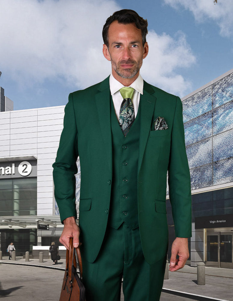 Statement Green Suit Tailored Fit Vested Wool Flat Front Pants - Design Menswear