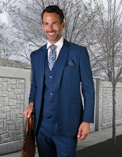 Statement Blue Men's Tailored Fit Vested Wool Suit - Design Menswear