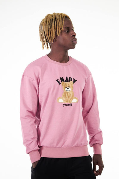 Men's Pink Long Sleeves Bear Graphic Sweatshirt - Design Menswear