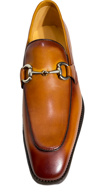 Carrucci Cognac Leather Men's Slip On Dress Shoes Silver Buckle - Design Menswear