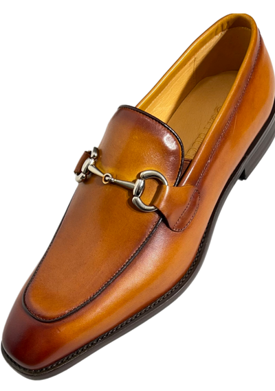Carrucci Cognac Leather Men's Slip On Dress Shoes Silver Buckle - Design Menswear