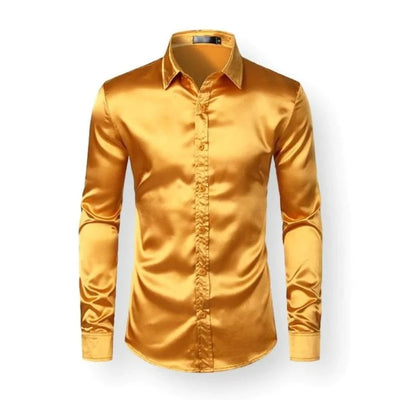 Gold Men's Shiny Satin Silk Dress Shirt Long Sleeve Casual Slim Fit - Design Menswear