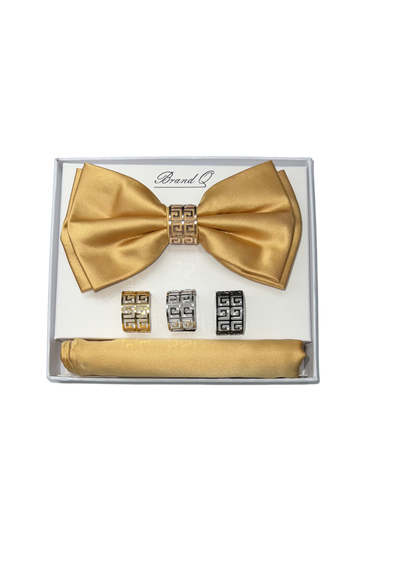 Gold Men's Satin Bowtie Set hanky and ring - Design Menswear