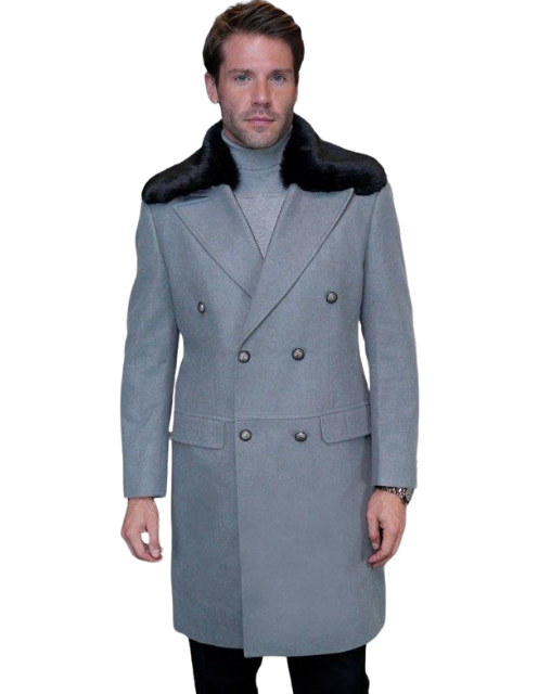 Mens Grey Plaid Double-Breasted Overcoat with Black Faux Fur Collar – Classic Winter Peacoat main image 1