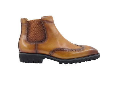 Carrucci Cognac Men's Pull on Boots Wingtip Fashion Design Dress Casual Genuine Leather - Design Menswear