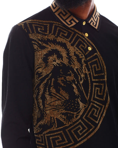 Black Lion Border Print Men's Long Sleeve Polo Shirt - Design Menswear
