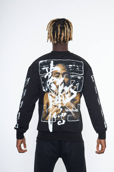 2pac Black Men's Graphic Long Sleeves Crewneck light Blend Sweatshirt - Design Menswear