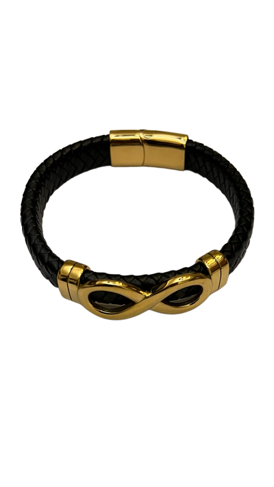 Men's Black Leather and Gold Bracelet - Design Menswear
