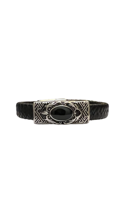 Men's Black Leather and Silver Fashion Design Bracelet - Design Menswear
