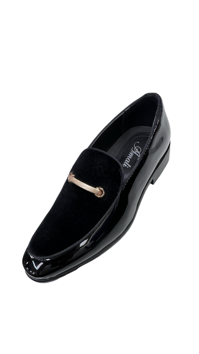 Men's Black Velvet and Patent Leather Loafer Slip On Fancy Style Rose Gold Buckle - Design Menswear