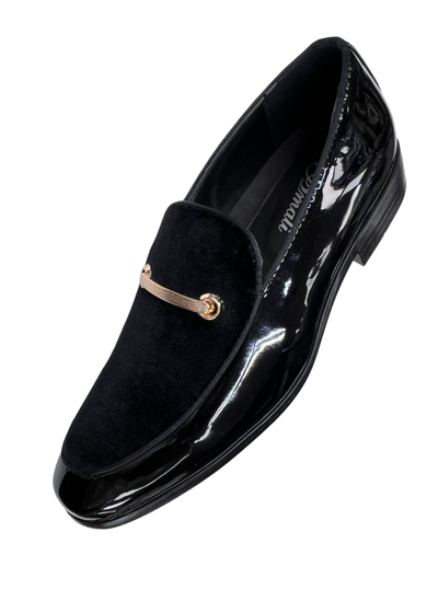 Men's Black Velvet and Patent Leather Loafer Slip On Fancy Style Rose Gold Buckle - Design Menswear
