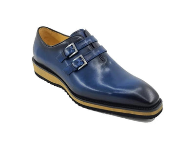 Men's Blue Carrucci Loafer Burnished Double Monk Leather Casual Shoes - Design Menswear