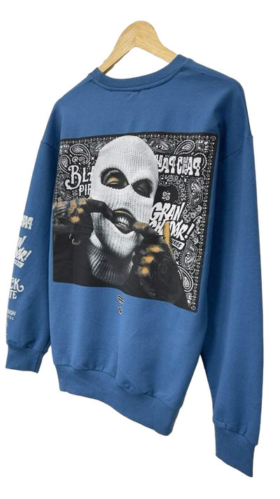 Men's Blue Mask Print Graphic Sweatshirt Long Sleeves - Design Menswear
