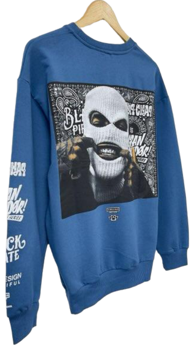 Men's Blue Mask Print Graphic Sweatshirt Long Sleeves - Design Menswear