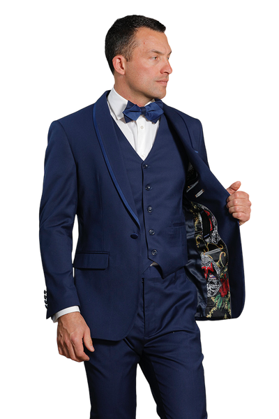 Men's Blue Tuxedo Slim-Fit Single Breast One Buttons Vested and Bowtie - Design Menswear