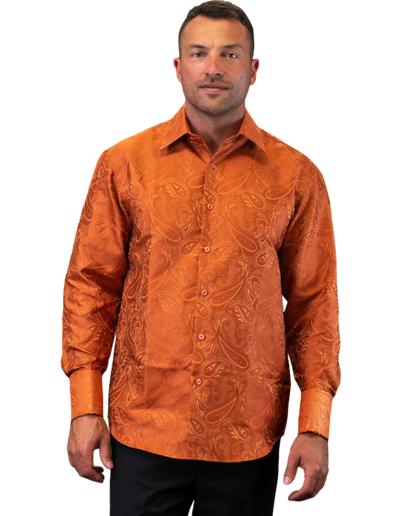 Men's Rust Woven Fancy Casual Long Sleeves Shirt With Cufflink Regular-Fit - Design Menswear