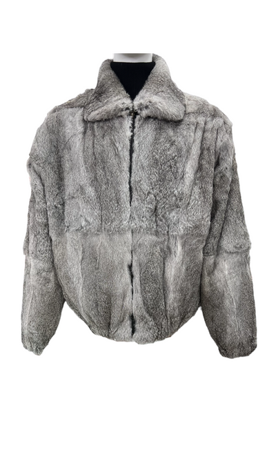 Men's gray Fur Coat genuine Rabbit fur Zip Up with Detachable Hoodies Winter Fur - Design Menswear