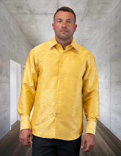 Men's Gold Casual Long Sleeves Shirt With Cufflink Regular-Fit - Design Menswear