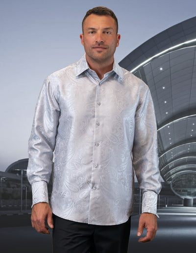 Men's Silver Casual Long Sleeve Shirt With Cufflink Regular-Fit - Design Menswear