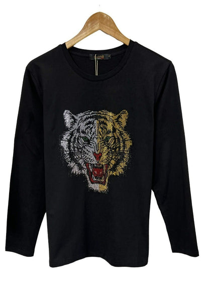 Men's Black Long Sleeves Graphic T-shirt Gold Stone Lion Head - Design Menswear