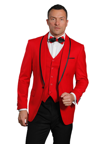 Men's Red Tuxedo Slim-Fit Single Breast One Buttons Vested and Bowtie - Design Menswear