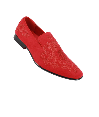 Men's Red Velvet Slip On Dress Shoes Embroidery Print - Design Menswear
