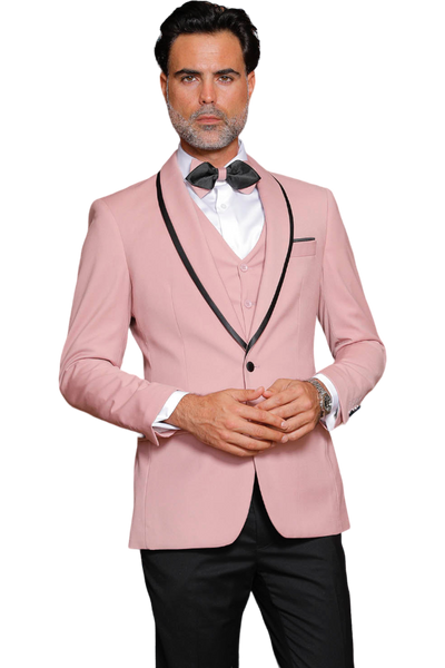 Men's Rose Gold Tuxedo Slim-Fit Single Breast One Buttons Vested and Bowtie - Design Menswear
