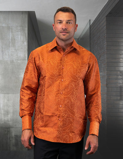 Men's Rust Woven Fancy Casual Long Sleeves Shirt With Cufflink Regular-Fit - Design Menswear